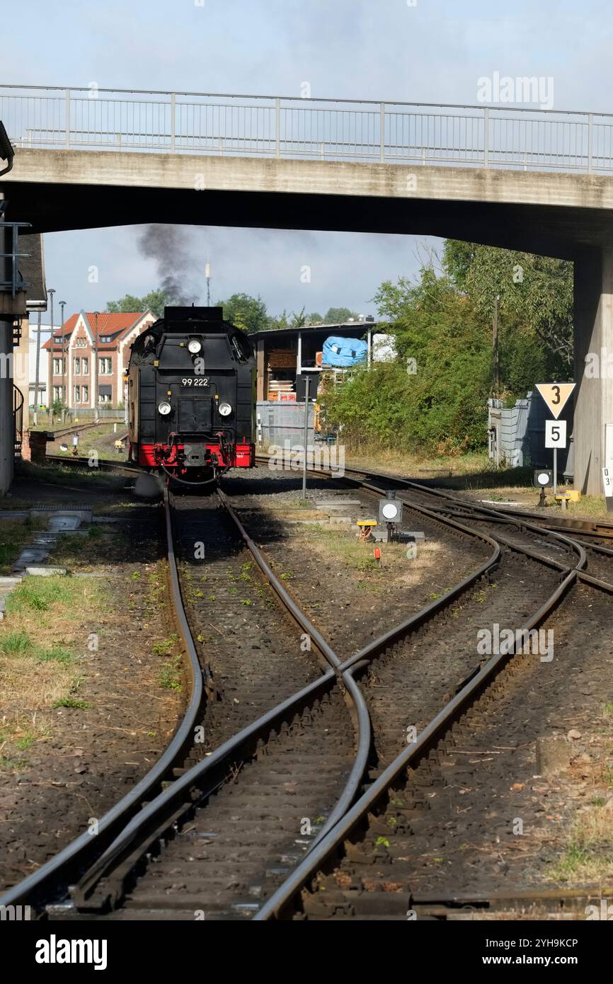 Le premier départ matinal du train à vapeur à la gare de Nordhausen en Thuringe, Allemagne. La locomotive attend que le signal revienne dans le train. Banque D'Images