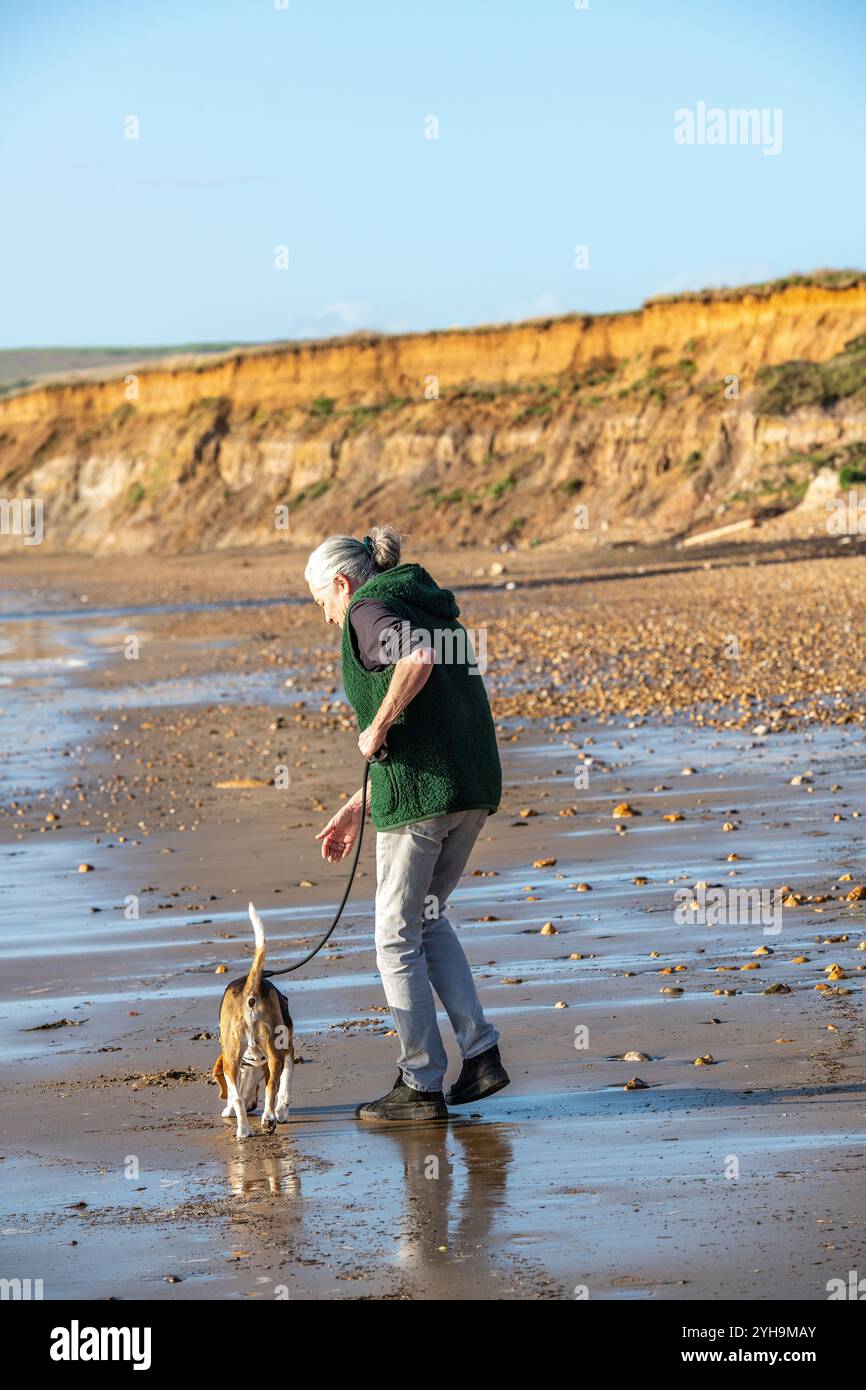 femme plus âgée ou d'âge moyen avec un chien marchant sur une plage de sable avec des falaises en arrière-plan. Banque D'Images