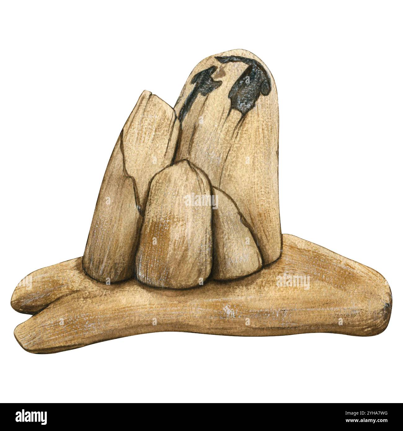 Illustration de pierre d'aquarelle. Roche dessinée à la main isolée sur fond blanc. Élément de paysage naturel. Banque D'Images