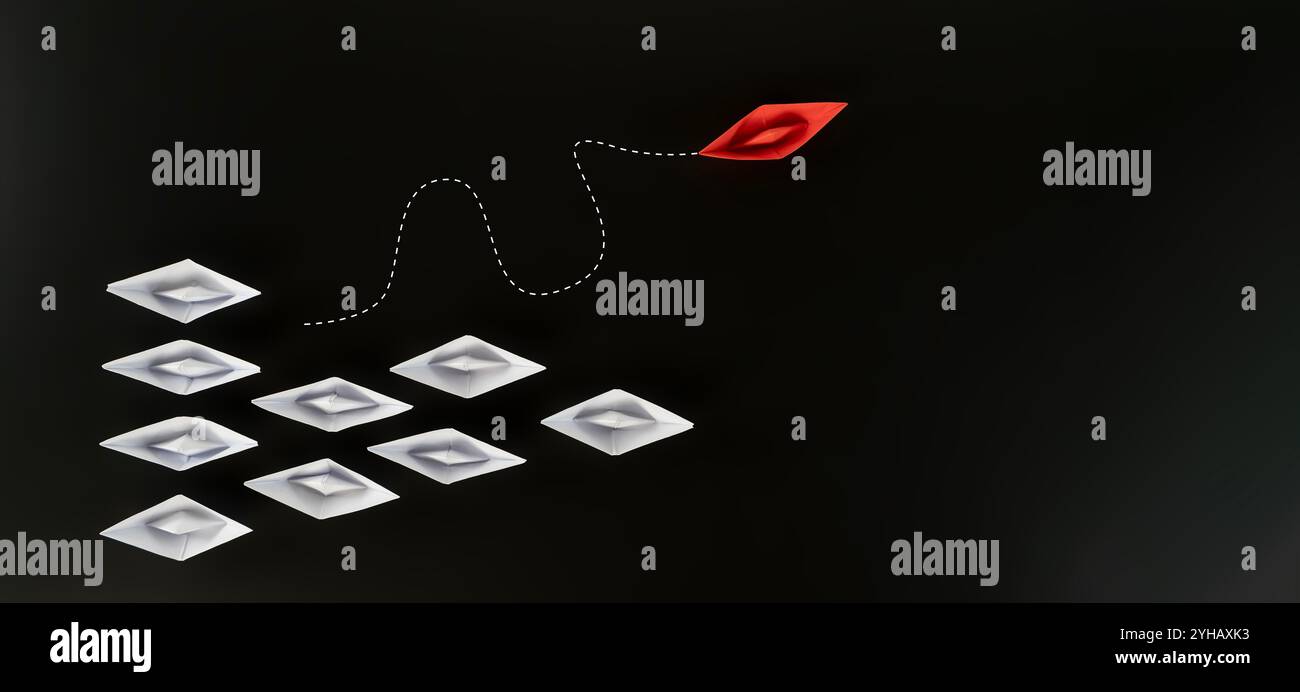 Groupe de navire de papier blanc dans une direction et un navire de papier rouge pointant de manière différente sur fond noir. Business for Innovative solution conc Banque D'Images