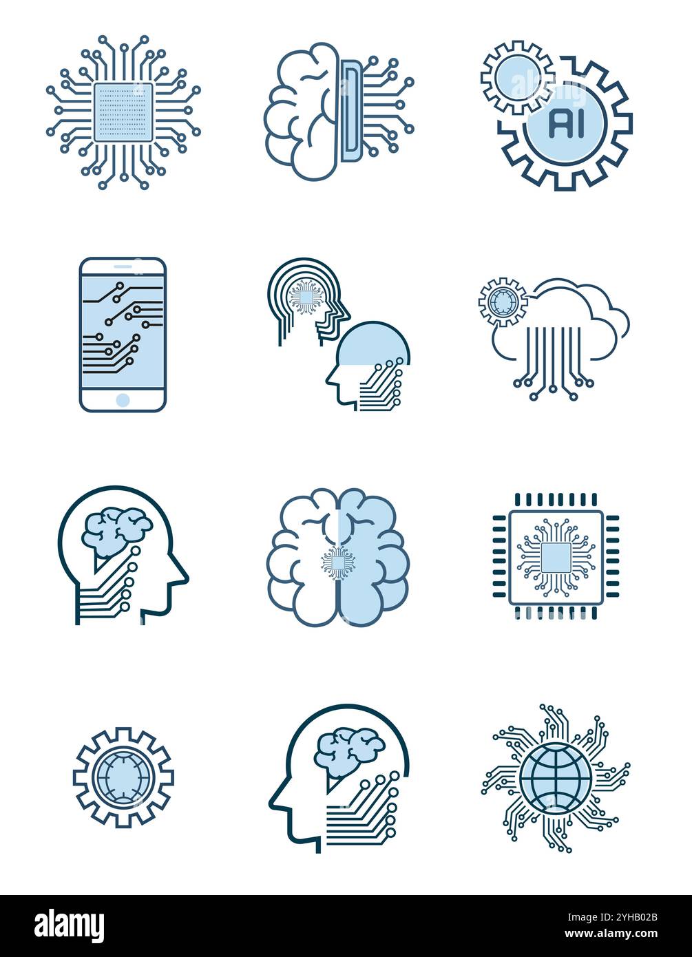 Ensemble d'icônes de lignes vectorielles liées à l'intelligence artificielle. Contient des icônes telles que reconnaissance faciale, algorithme, style d'auto-apprentissage. Des contours modifiables Illustration de Vecteur