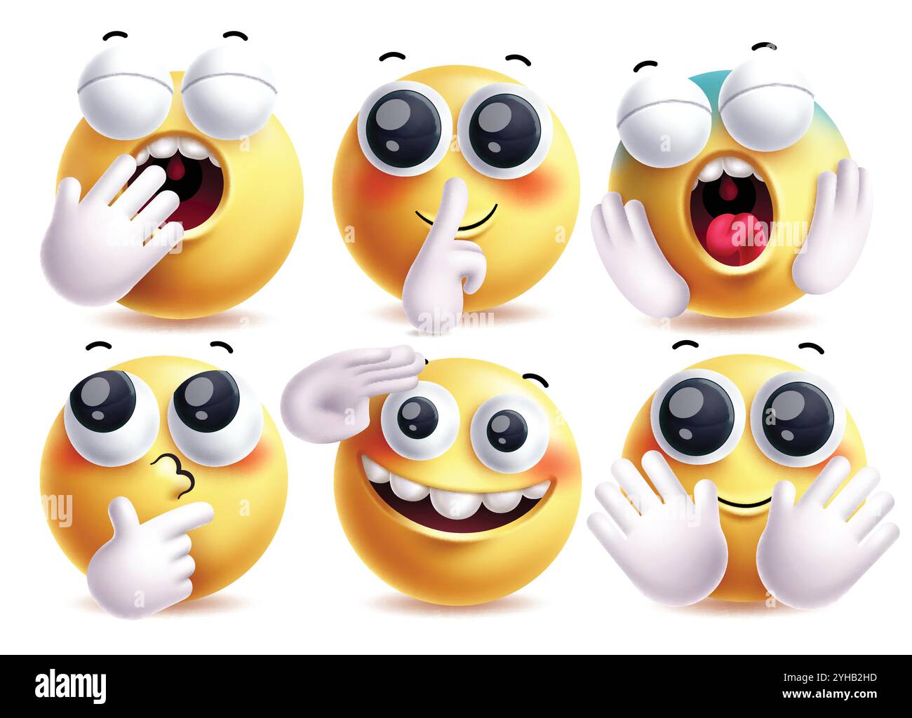 Jeu de caractères vectoriels mains emoji. Emojis geste de la main, pensée, salut et ondulation pose pour le personnage graphique clip art jaune 3D. Illustration vectorielle Illustration de Vecteur