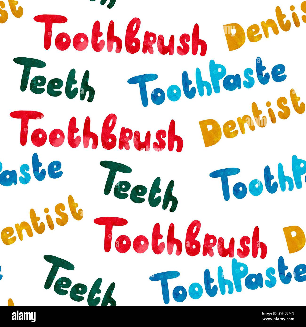 Un motif vivant et coloré mettant en valeur des mots associés aux soins dentaires tels que brosse à dents, dents et dentiste. Motif sans couture aquarelle pour l'impression sur tissu et papier. Banque D'Images