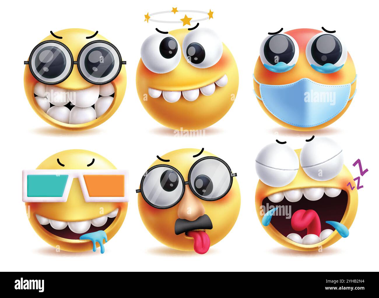 Jeu de caractères vectoriels emoji Dingo. Emojis 3d caractère jaune comme drôle, nerd, étourdi, malade, bavure, expressions faciales clip art fatiguées et riantes. Illustration de Vecteur