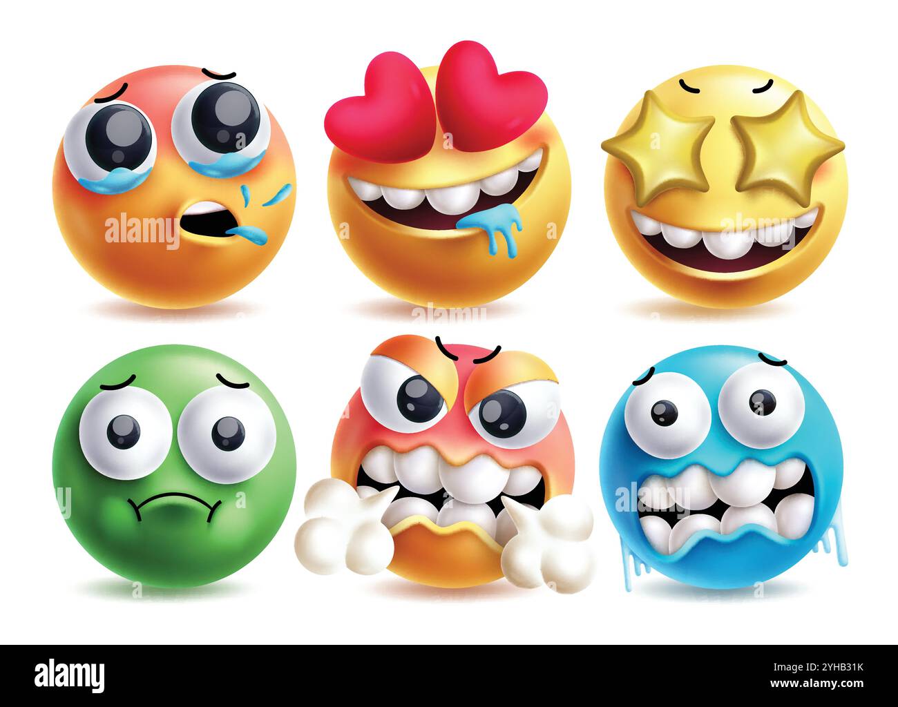 Jeu de caractères vectoriels emoji bavurant. Emojis caractère clipart 3d comme dans l'amour, toux, obsédé, oeil d'étoile, malade, expressions faciales en colère et froides Illustration de Vecteur