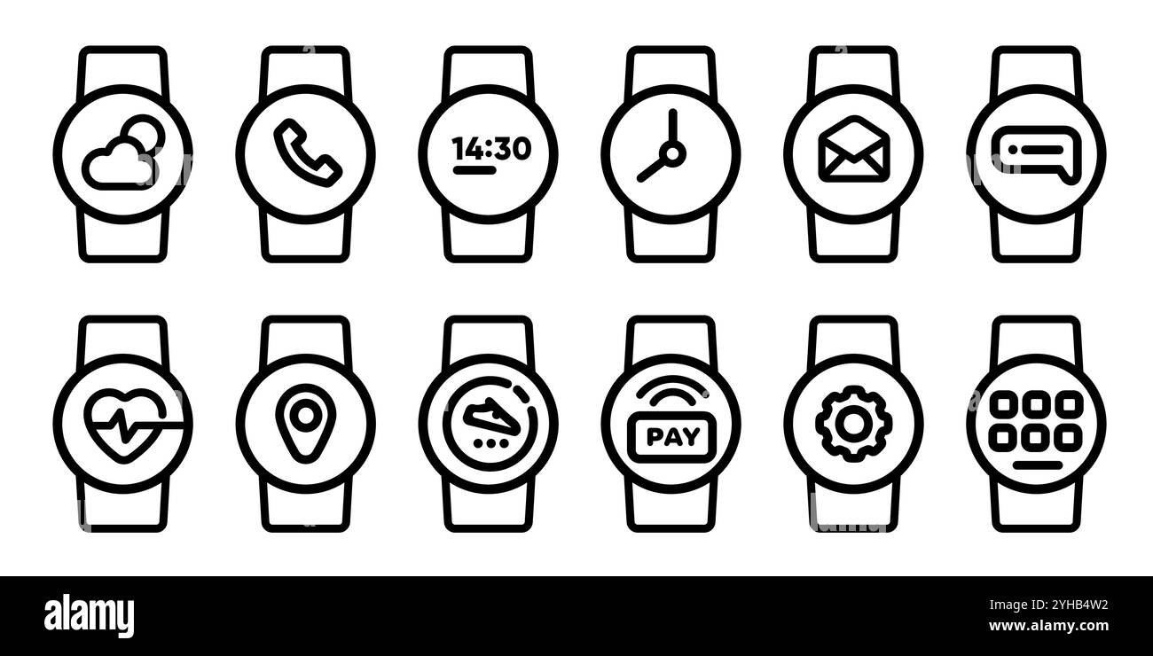 smart watch icône set line round interface set collection à partir de l'horloge d'appel fréquence cardiaque moniteur d'étape de paiement sans fil symbole d'application Illustration de Vecteur