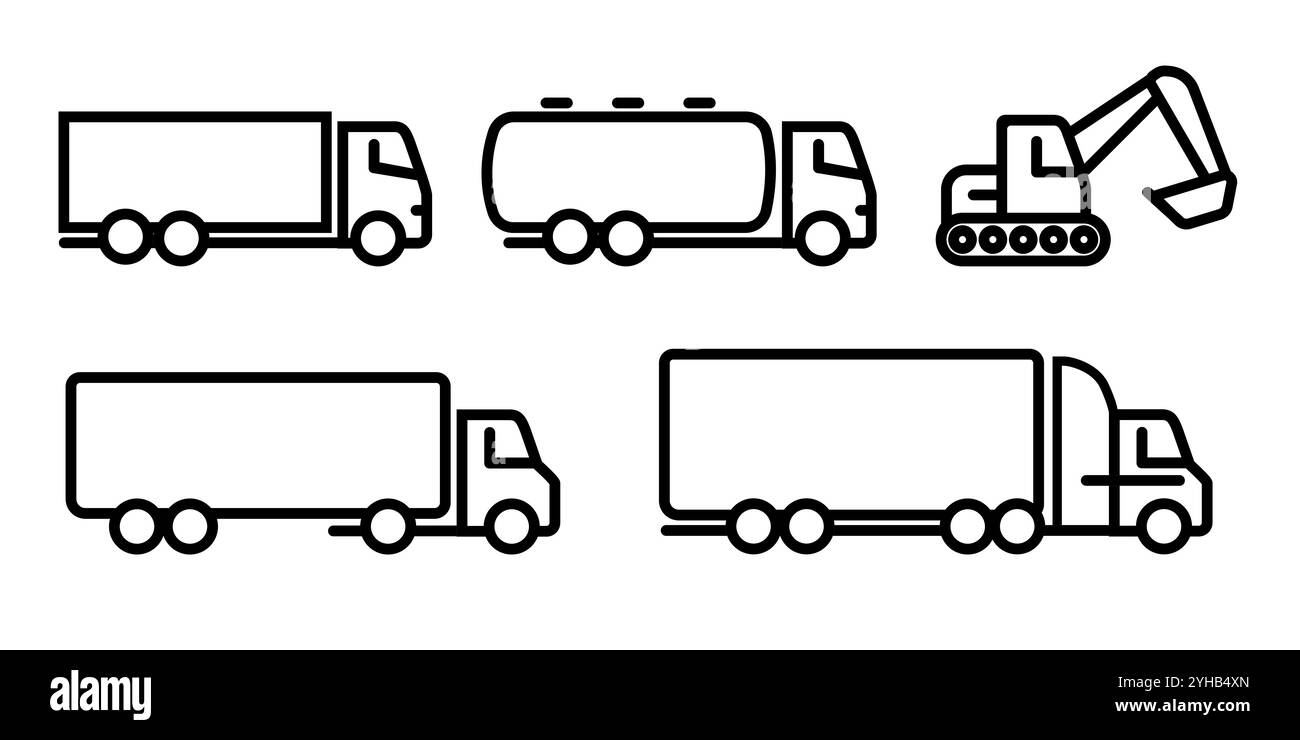 Excavatrice de camion de remorque de machinerie lourde camion de pétrole de camion-citerne de transport d'icône Set ligne de collecte contour de course Illustration de Vecteur
