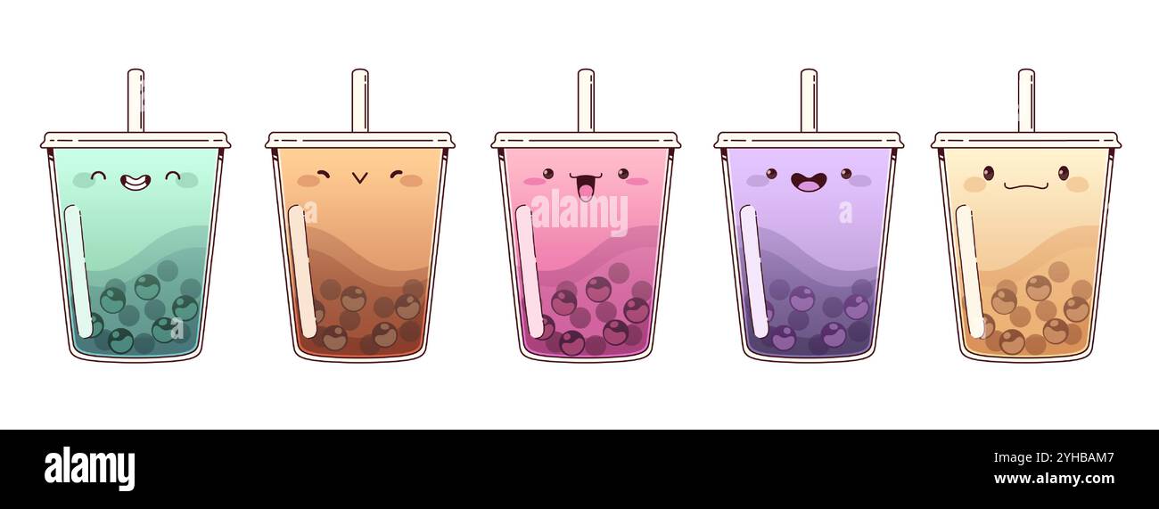 Collection de boissons à base de thé moussant avec des expressions de visage kawaii. Boisson sucrée dans des tasses transparentes en plastique avec de la paille, différentes saveurs avec des perles de tapioca décorées avec des émotions souriantes adorables. Illustration de Vecteur