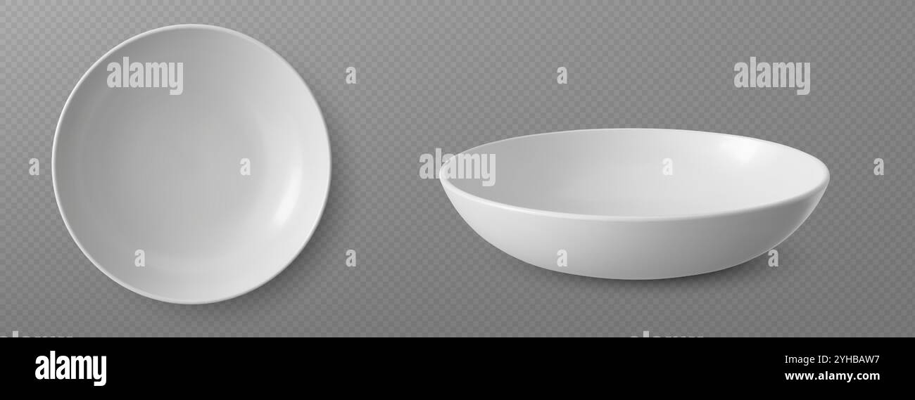 assiette vide blanche 3d pour la soupe. Vecteur bol en céramique. Salade ronde réaliste en porcelaine servant maquette de vaisselle pour le restaurant. Vaisselle propre isolée sur fond transparent. Vaisselle en verre profond Illustration de Vecteur