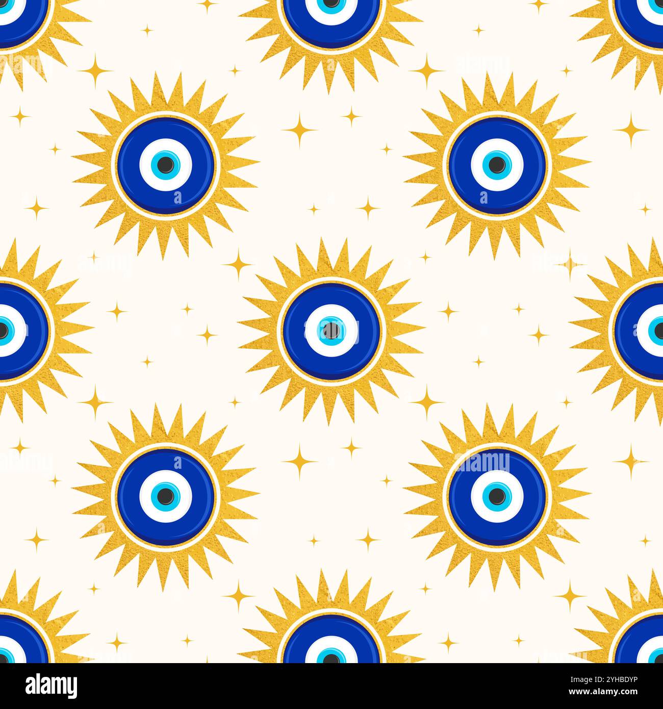 Mauvais oeil grec modèle sans couture. Fond de vecteur avec des perles bleues et le soleil. nazar turc - symbole ethnique de l'énergie de protection et de la chance. Amulette mystique Illustration de Vecteur