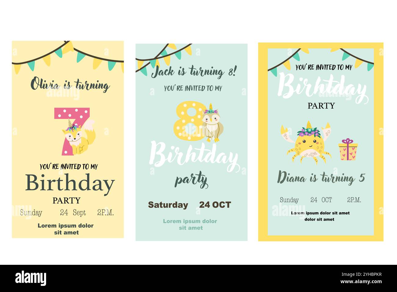 Carte d'invitation magique pour enfants avec animal de fée. Conception d'éléments de monde fantastique. Modèle pour fête d'anniversaire magique avec licorne ou animal mignon avec h. Illustration de Vecteur