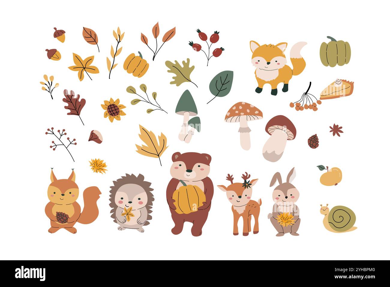 Animaux d'automne paquet avec des feuilles et d'autres articles saisonniers et vêtements, des choses. Animaux sauvages de la forêt d'enfants avec des éléments clipart de récolte. Dessiné à la main Illustration de Vecteur