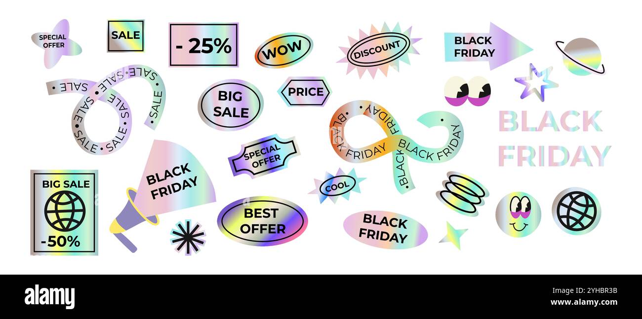 Autocollants et patchs holographiques Black friday, étiquettes de prix de vente et étiquettes. Brutalisme esthétique y2k formes et figures. Illustration de Vecteur