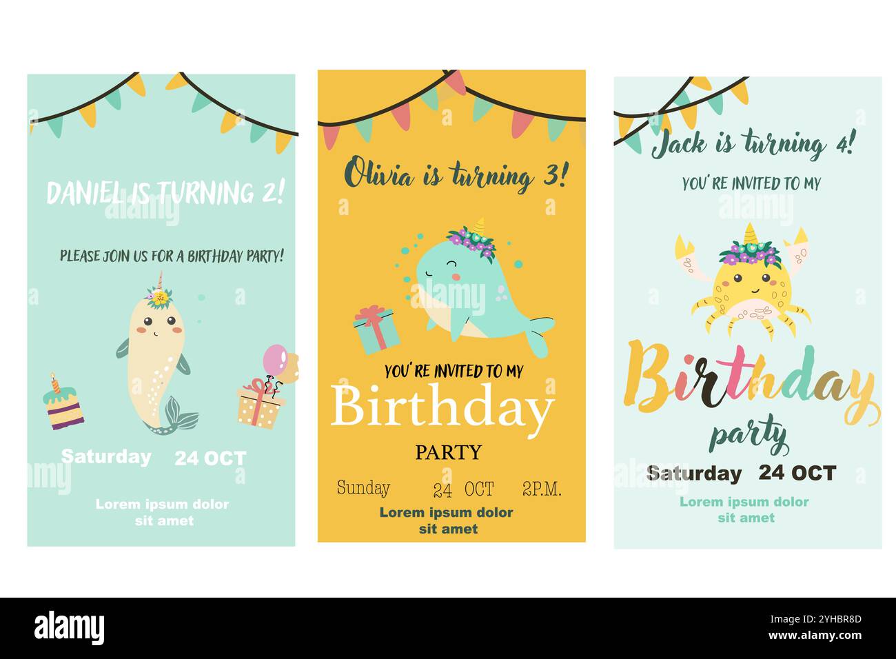 Carte d'invitation magique pour enfants avec animal de fée. Conception d'éléments de monde fantastique. Modèle pour fête d'anniversaire magique avec licorne ou animal mignon avec h. Illustration de Vecteur