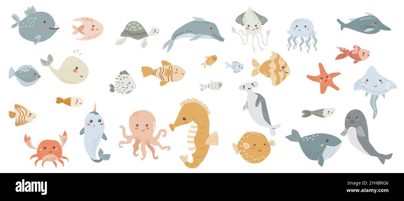 Ensemble animaux marins enfants mignons. Collection d'éléments sous-marins. Ocean habitants ensemble de dauphins, baleines et autres personnages mignons. Aquatique sauvage Illustration de Vecteur