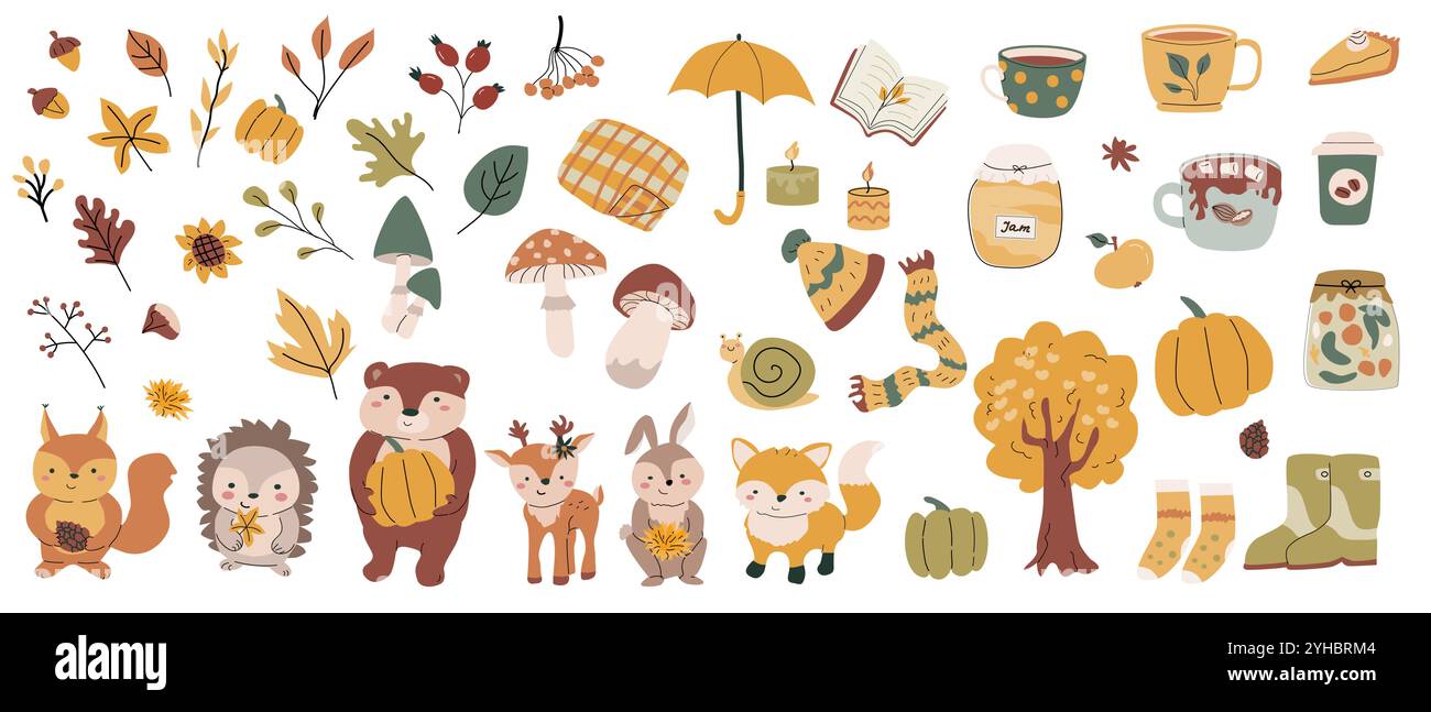Animaux d'automne paquet avec des feuilles et d'autres articles saisonniers et vêtements, des choses. Animaux sauvages de la forêt d'enfants avec des éléments clipart de récolte. Dessiné à la main Illustration de Vecteur