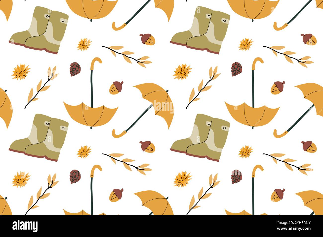 Automne automne automne Thanksgiving jour modèle sans couture avec des feuilles mignonnes, des choses, des citrouilles. Design de décoration de récolte. Fond carré avec des feuilles, glands, noix Illustration de Vecteur