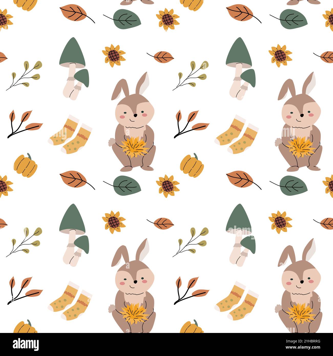 Automne automne automne Thanksgiving jour modèle sans couture avec des feuilles, des citrouilles. Design de décoration de récolte. Fond carré avec des feuilles, glands, noix. Les enfants Illustration de Vecteur