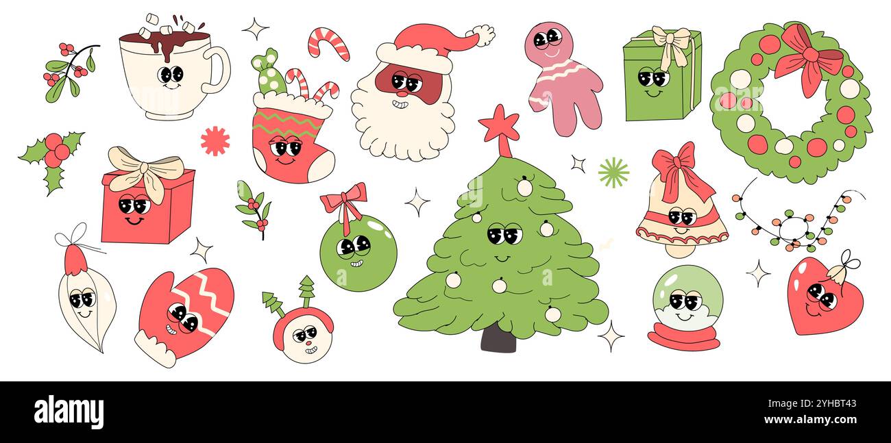 Ensemble d'autocollants de Noël et de bonne année y2k. Ensemble rétro de Noël. Personnages et éléments Groovy y2k. Père Noël, arbre de noël, boîte cadeau, chaussettes et o Illustration de Vecteur