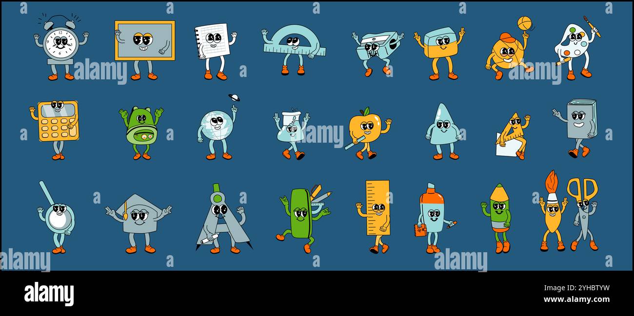 jeu de caractères de l'école y2k. Collection de fournitures groovy scolaires avec des visages drôles. Tableau noir, règles et autres articles de papeterie. mascottes rétro de l'école y2k pour le fond de l'éducation. Personnages de retour à l'école. Illustration de Vecteur