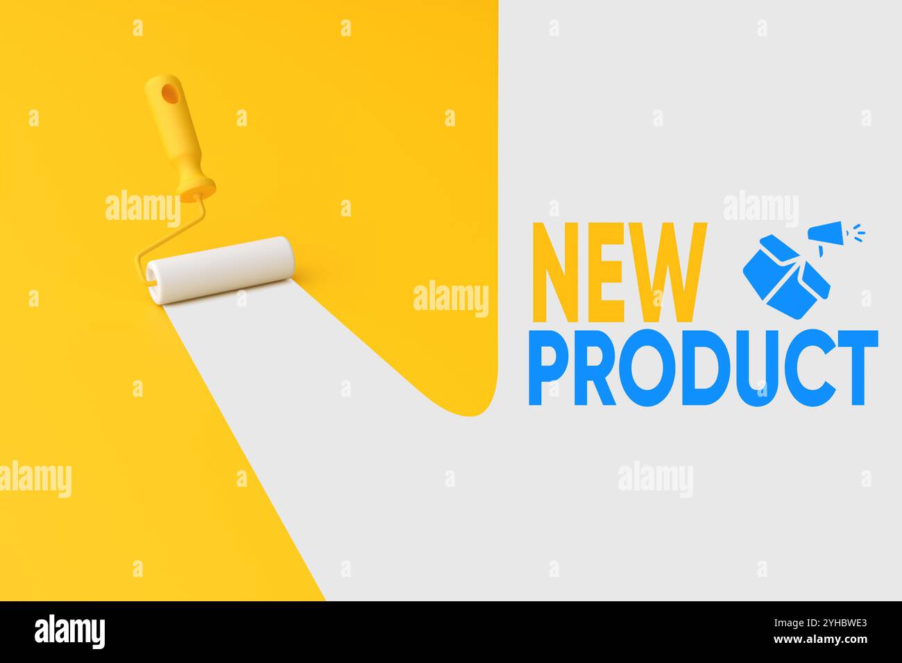 Annonce de nouveaux produits. Rouleau de peinture peignant une ligne blanche sur fond jaune révélant les mots New product. rendu 3d. Banque D'Images