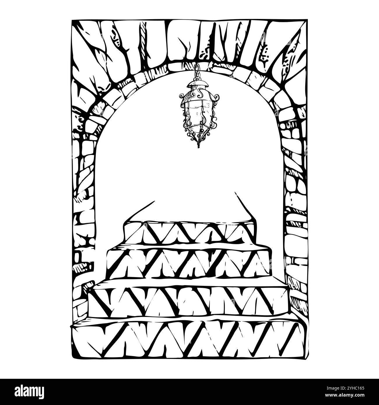 Portail d'ouverture d'arche de jardin patio avec carreaux muraux azulejo géométriques et marches d'escalier, lanterne suspendue en fonte. Illustration vectorielle d'encre dessinée à la main Illustration de Vecteur