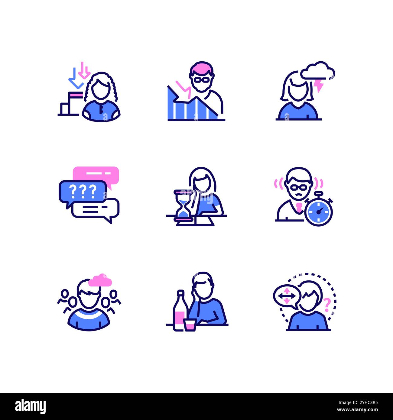 Problèmes psychologiques humains - ensemble d'icônes de style de conception de ligne moderne Illustration de Vecteur