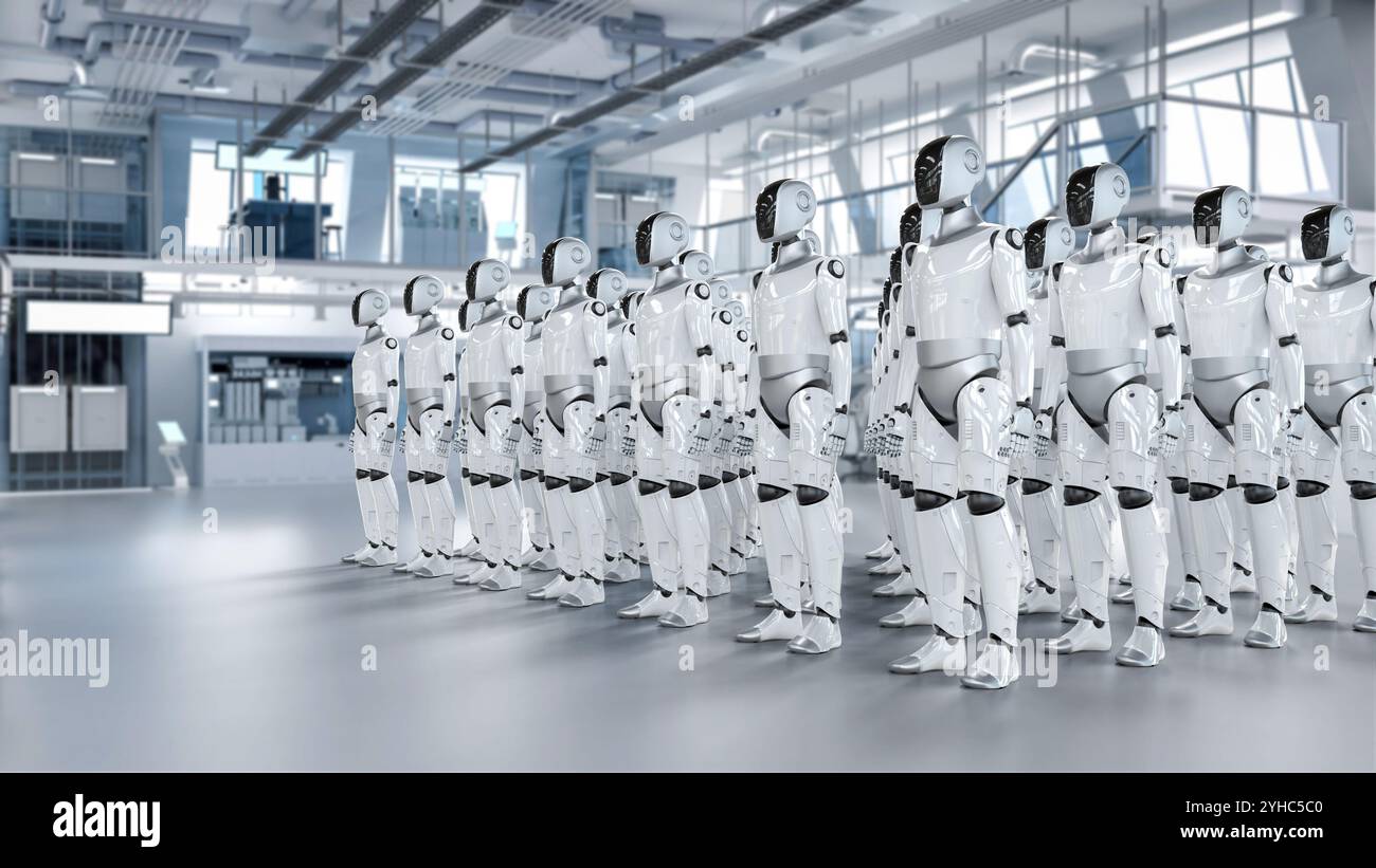 3d rendant l'assemblage de robot humanoïde ou un groupe d'humains comme des cyborgs en usine Banque D'Images
