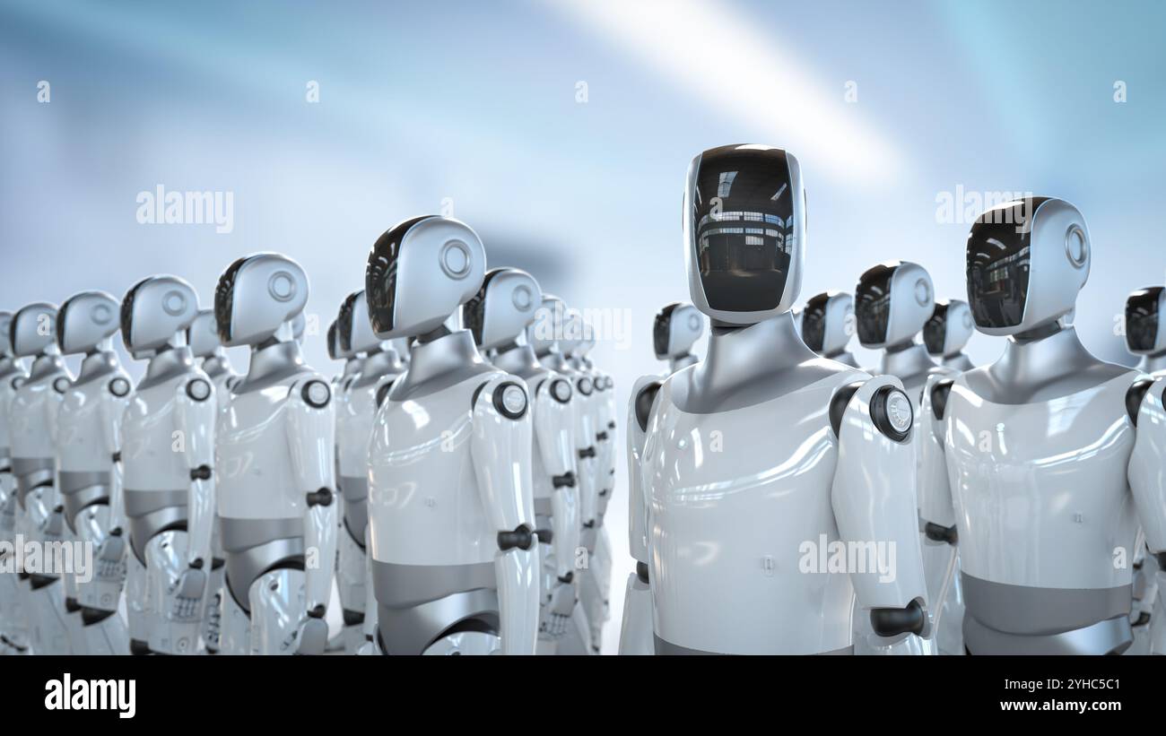 3d rendant l'assemblage de robot humanoïde ou un groupe d'humains comme des cyborgs en usine Banque D'Images