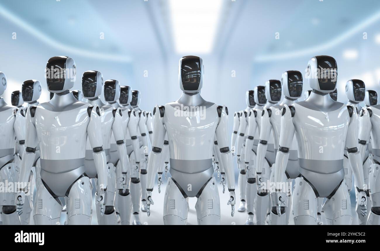 3d rendant l'assemblage de robot humanoïde ou un groupe d'humains comme des cyborgs en usine Banque D'Images