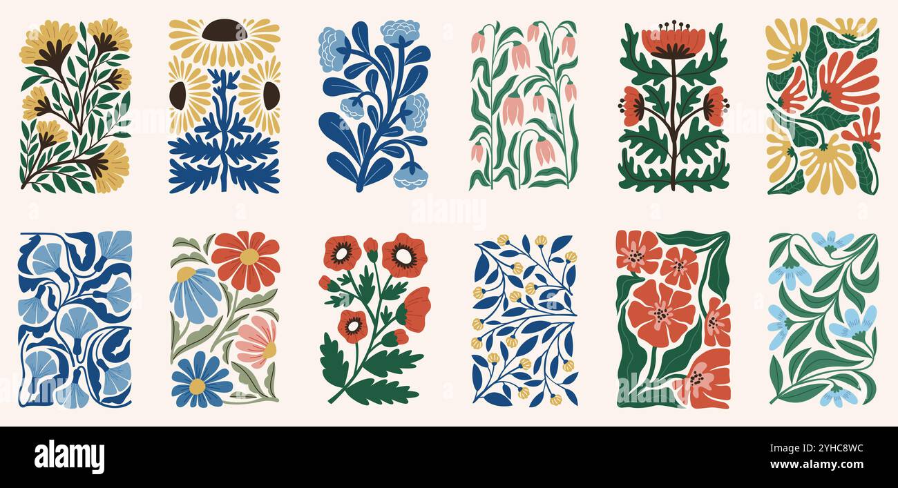 Fleurs modernes. Plantes contemporaines décoratives, éléments botaniques de style Matisse, formes abstraites, composition tendance, couvertures ou gravures ornement d des années 70 Illustration de Vecteur