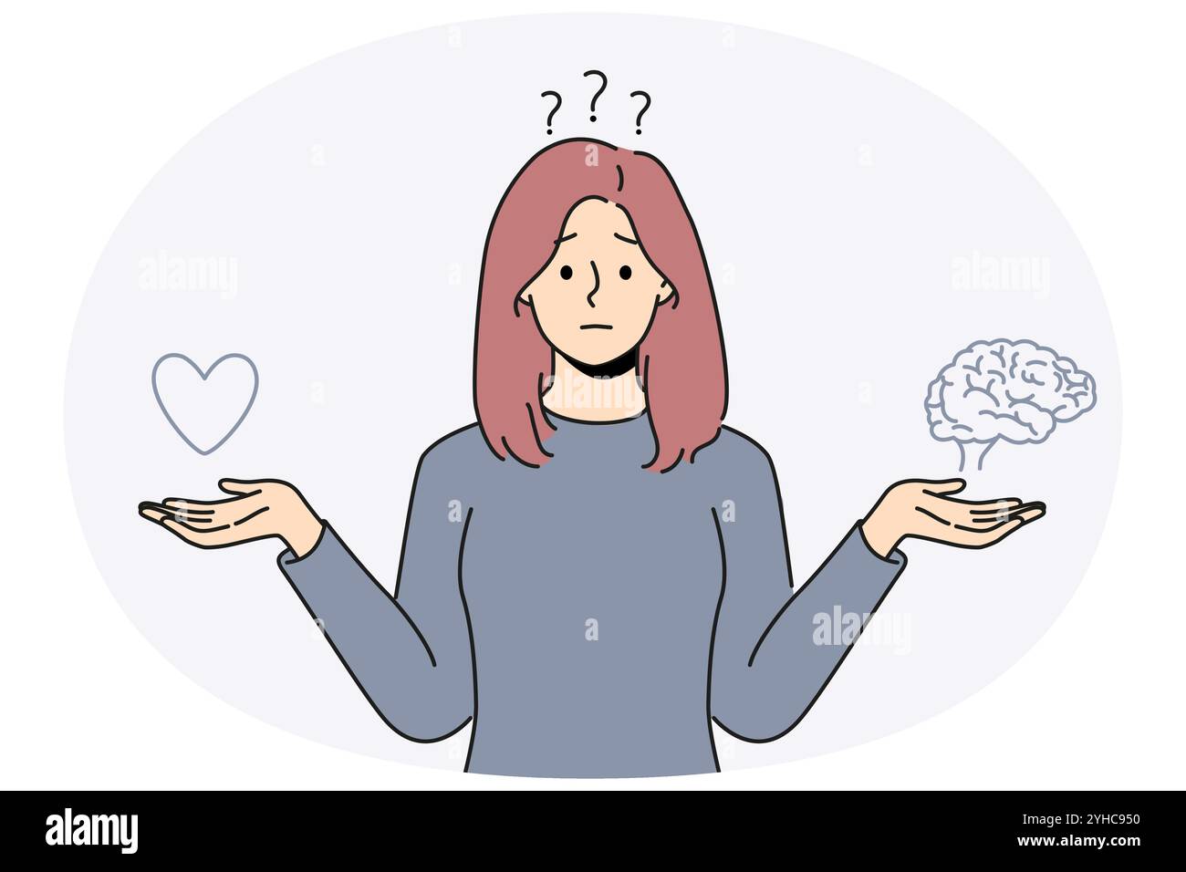 La femme confuse choisit entre le coeur et le cerveau. Une fille frustrée prend une décision entre les émotions et la raison. Illustration vectorielle. Illustration de Vecteur