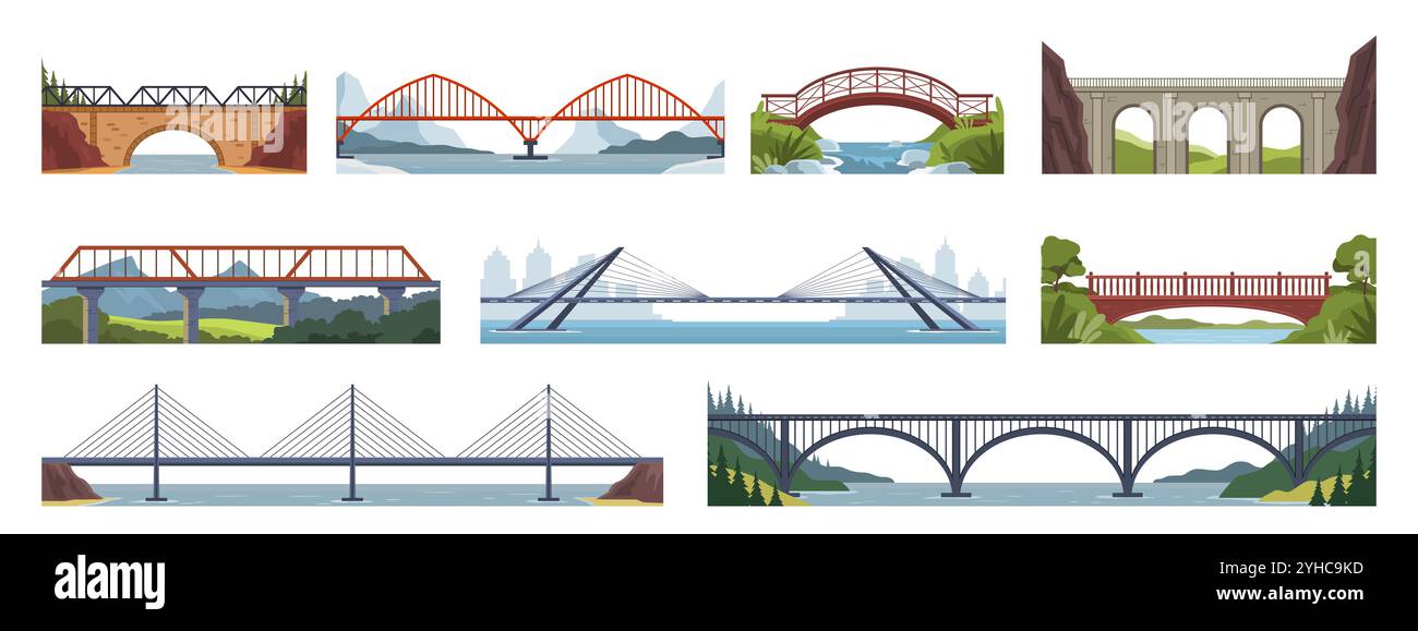 Ponts de dessins animés. Architecture urbaine et fluviale croisée, voûtée, suspendue, haubanée de câbles et constructions en bois rustiques, ferriage routier caricaturage plat sty Illustration de Vecteur