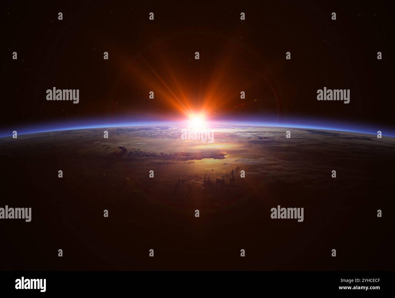Belle planète bleue Terre dans l'espace sur fond d'étoiles. Vue au lever du soleil de la planète Terre depuis l'espace. Éléments de cette image fournis par la NASA. Banque D'Images
