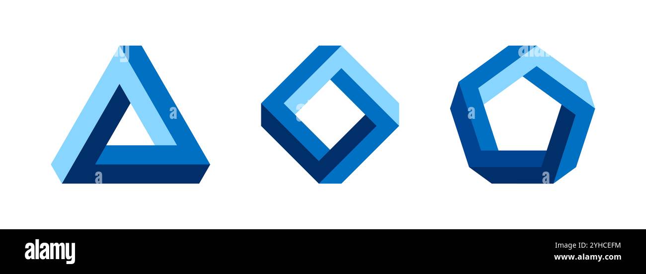 Triangle de Penrose, carré et pentagone, objets impossibles, qui apparaissent comme des objets solides, faits de barres droites. Illusions d'optique. Banque D'Images