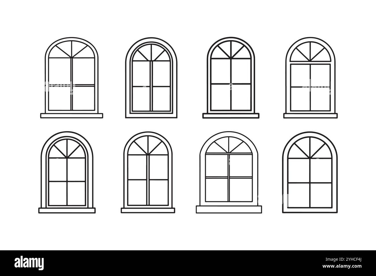 Icônes de fenêtre semi-circulaire, icône de fenêtre en verre, icônes de porte, icône de ligne, vecteur de fenêtre arquée noire. Illustration de Vecteur