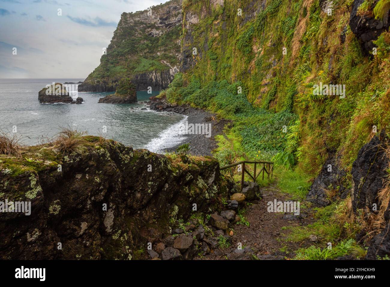 Baie d'Alagoa à Cedros, île de Flores, Açores, avec ses célèbres piles de mer. Banque D'Images