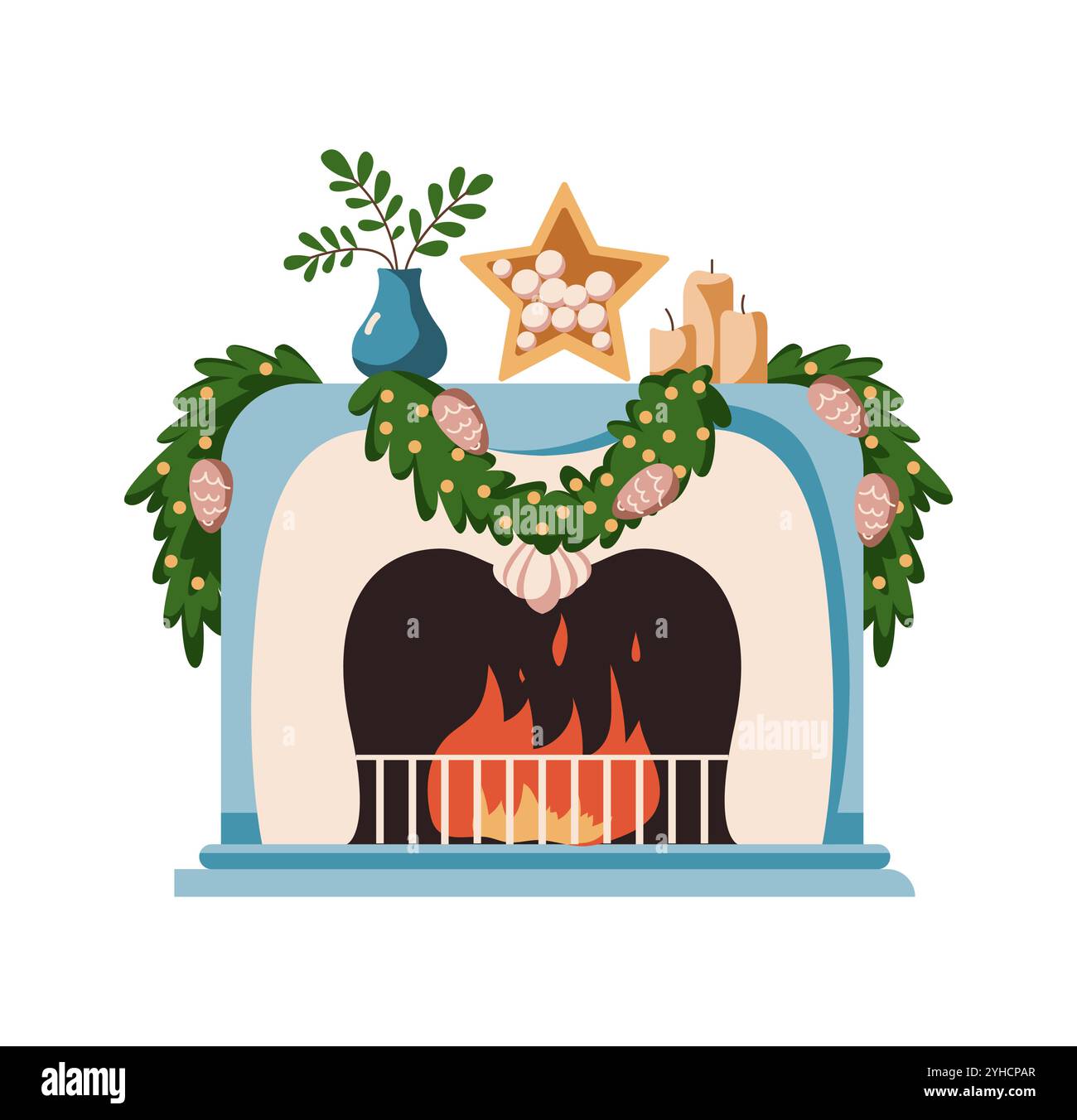 Cheminée avec feu crépitant et décorations festives de Noël objet vectoriel de couleur plate. Illustration accueillante de foyer de vacances sur fond blanc Illustration de Vecteur
