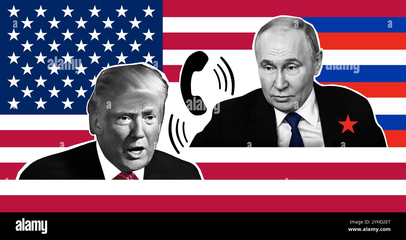 Portrait de Donald Trump et Vladimir Poutine. Effet collage demi-ton. Banque D'Images
