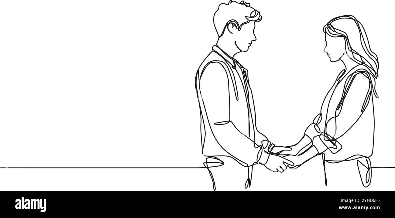 dessin continu d'une seule ligne de jeune homme et femme tenant la main tout en se regardant, illustration vectorielle d'art au trait Illustration de Vecteur