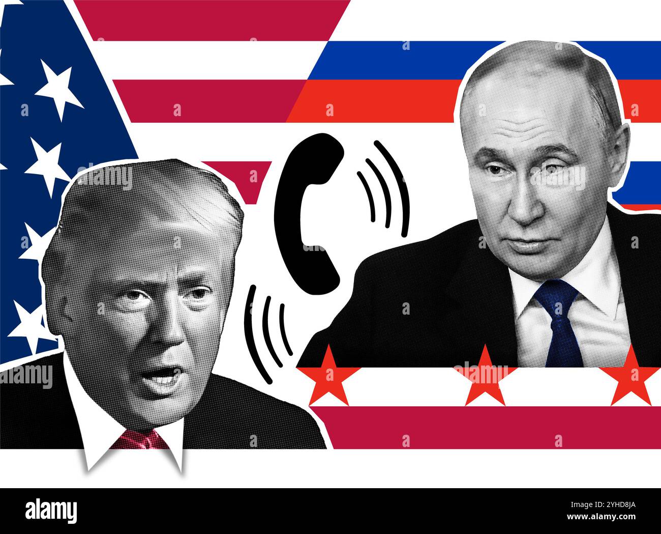 Portrait de Donald Trump , Vladimir Poutine et récepteur de téléphone. Effet collage demi-ton. Banque D'Images