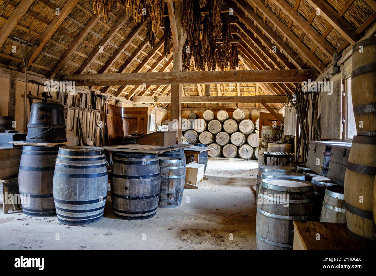 JAMESTOWN, Virginie — Un bâtiment de stockage reconstruit dans le fort de Jamestown Settlement abrite des barils et des outils agricoles d'époque. La structure montre comment les premiers colons stockaient des provisions et du matériel agricole dans la colonie de 1607. L'exposition présente des reproductions authentiques de conteneurs de stockage et d'outils agricoles du XVIIe siècle. Banque D'Images