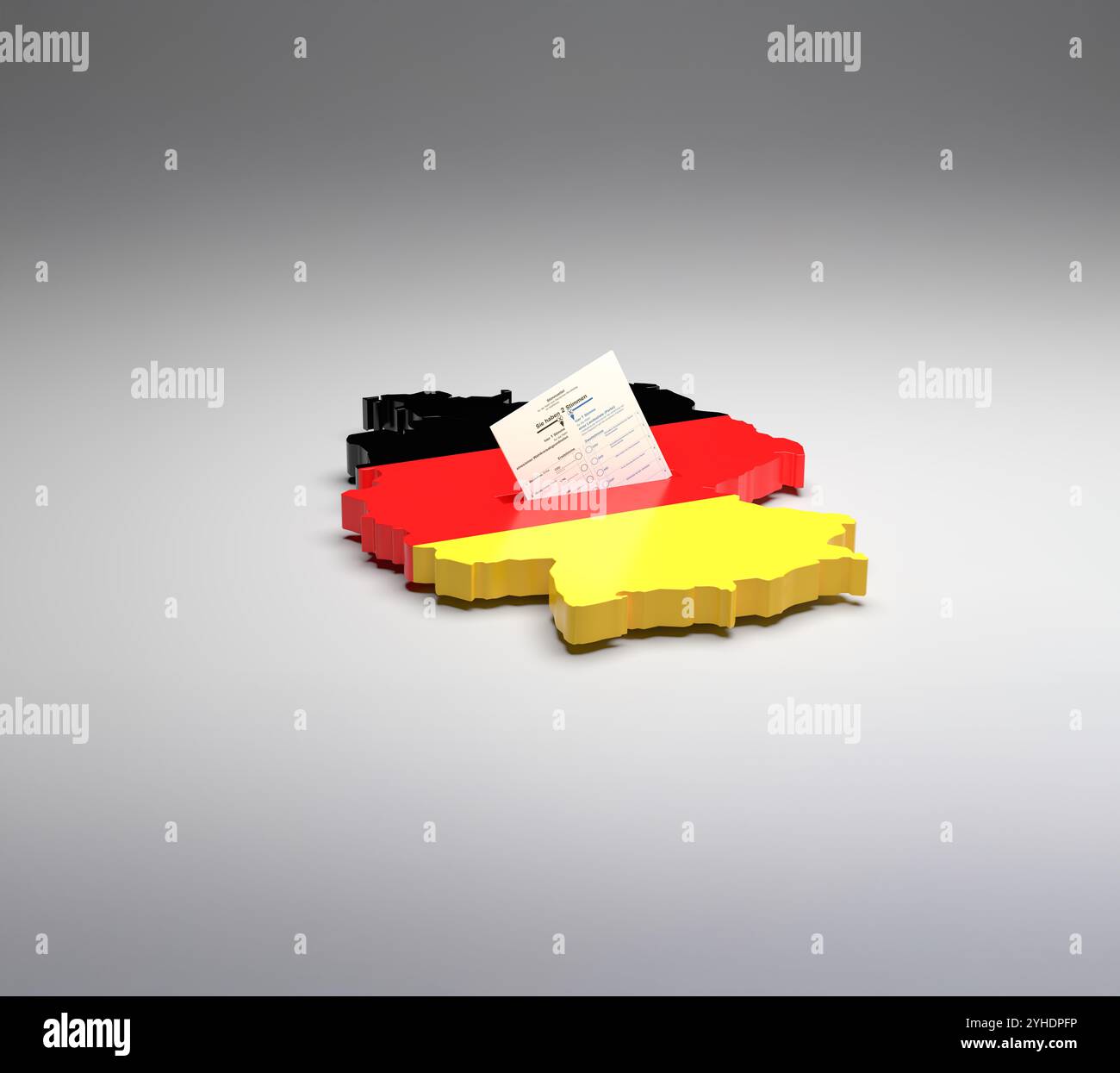 Elections en Allemagne. Un échantillon de bulletin de vote pour l'élection au Bundestag dans la fente d'une urne sous la forme de la carte allemande avec le Germa Banque D'Images