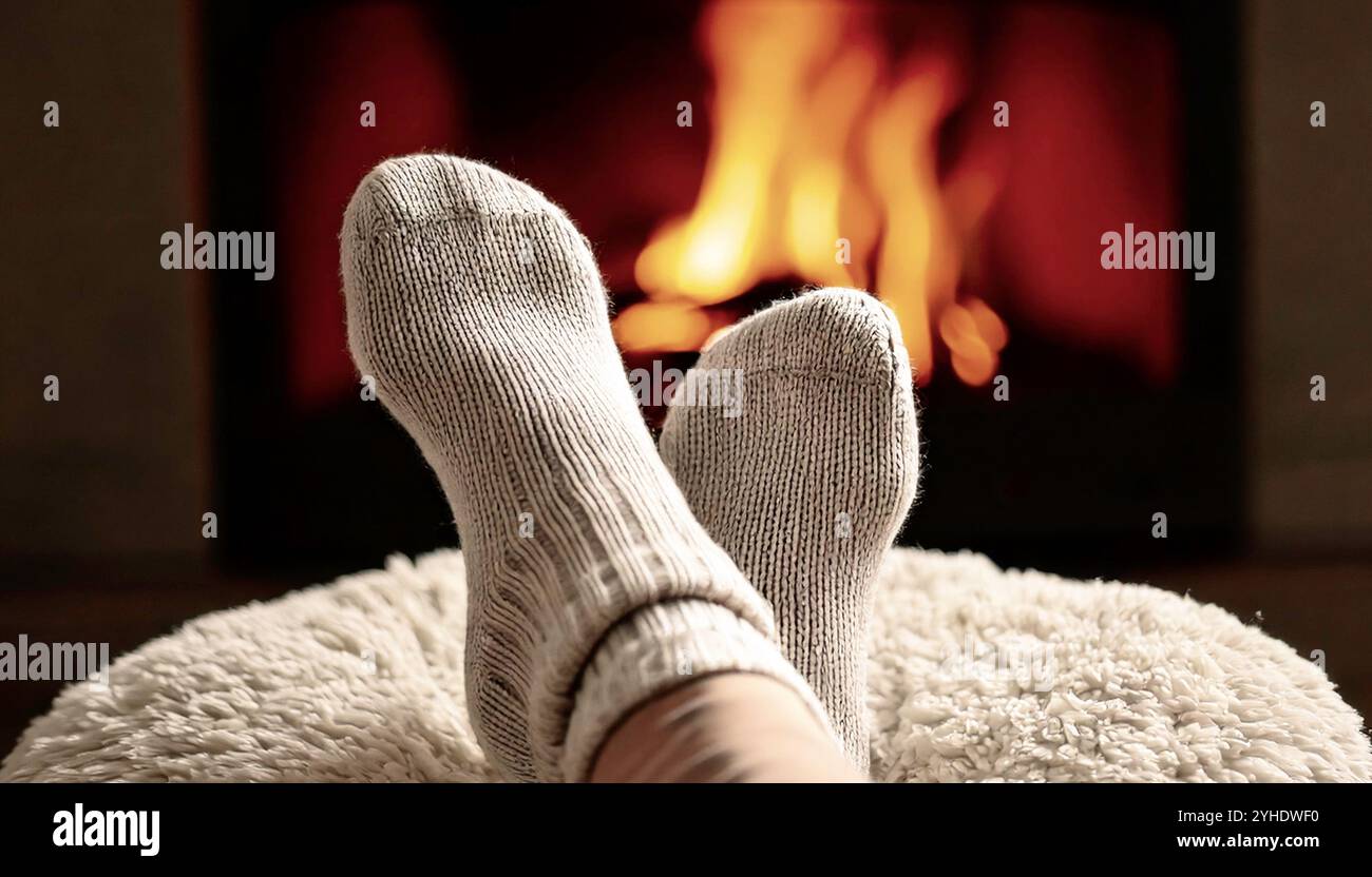 Pieds adultes confortables devant le feu dans des chaussettes tricotées en laine chaude beige clair couleur flocons d'avoine, reposant sur un tabouret en tissu boucle blanc neutre dans le lounge Li Banque D'Images