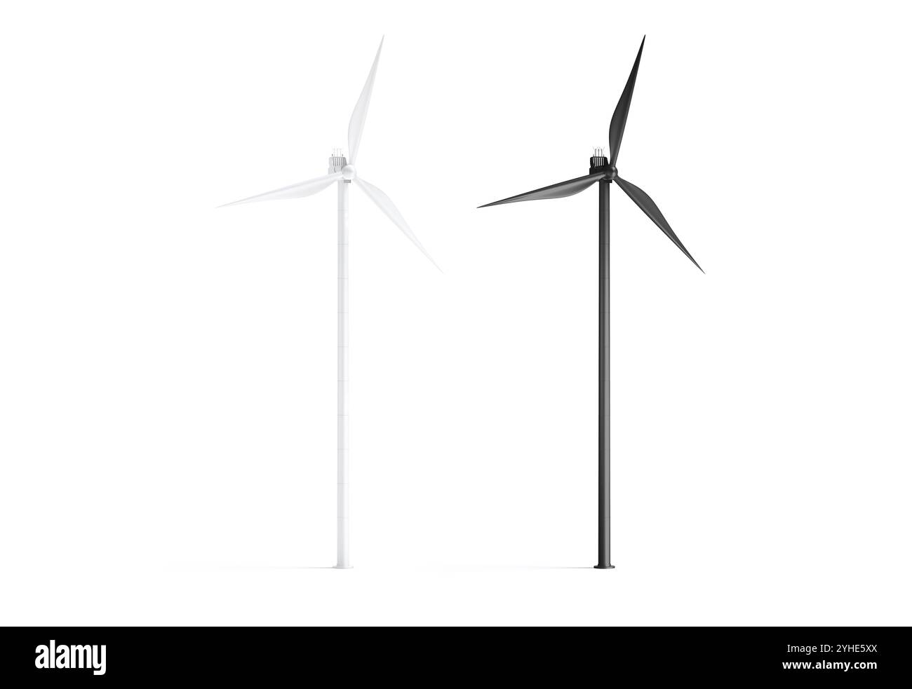 Maquette blanche d'éolienne noir et blanc, vue latérale, rendu 3D. Modèle vide d'hélice de générateur de moulin durable, isolé. Force du vent dégagée Banque D'Images