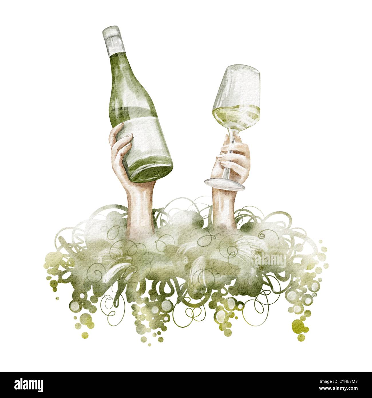 Illustration aquarelle vin avec vignoble, verre, bouteille affiche dessinée à la main Banque D'Images