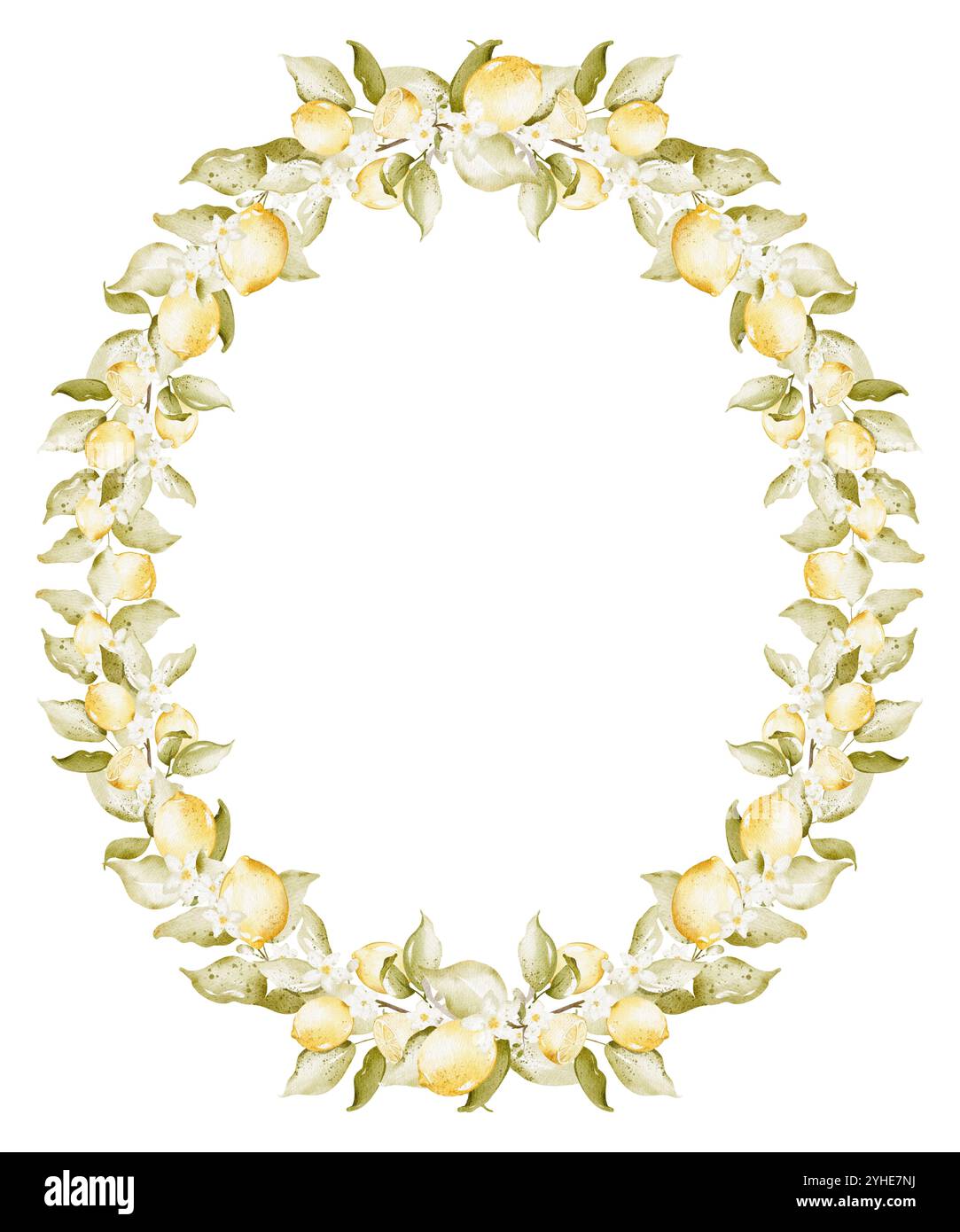 Couronne de bordure d'aquarelle de citron avec des feuilles sur fond isolé Banque D'Images