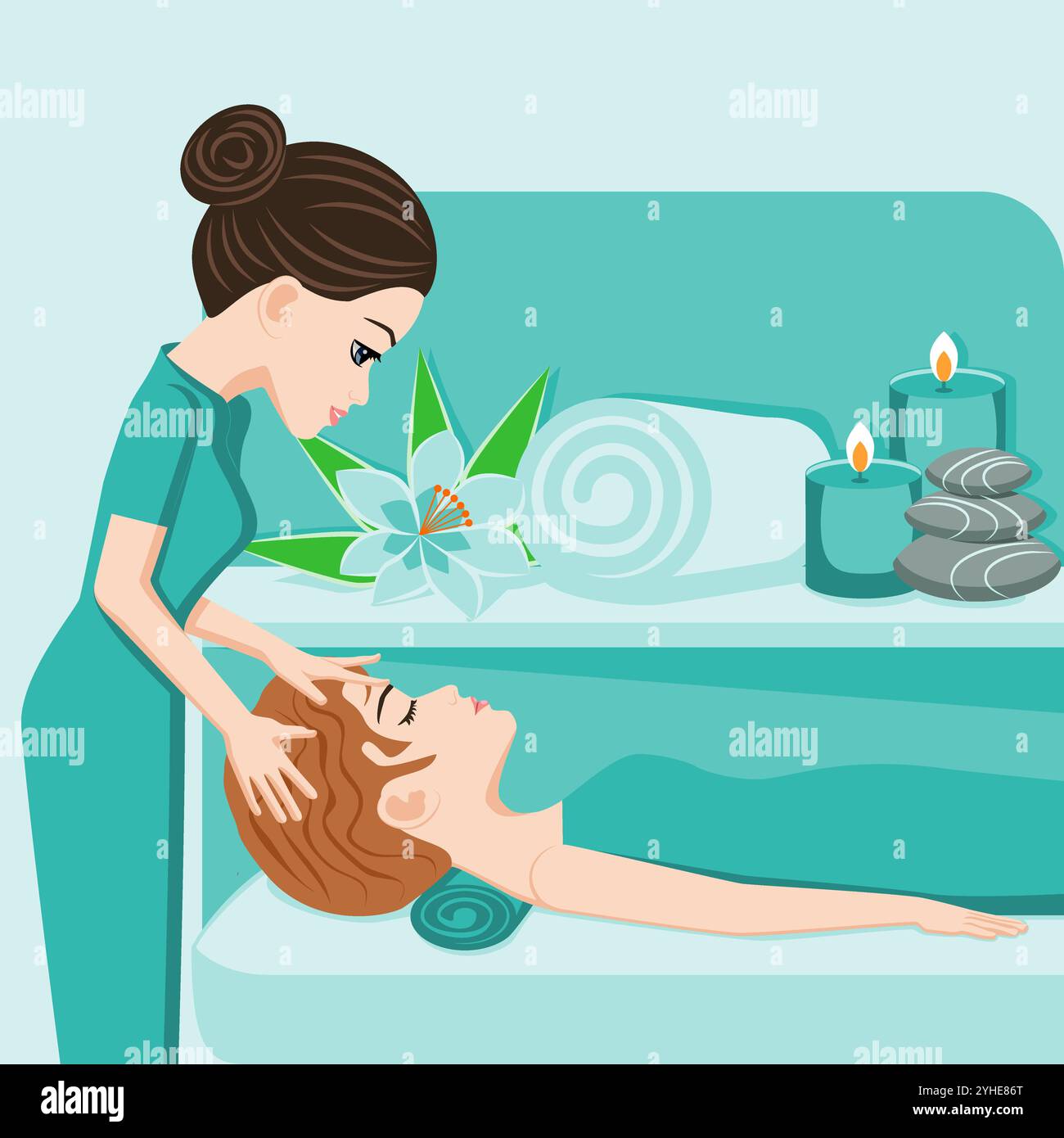 Massage relaxant. Thérapie et traitement par thérapeute professionnel en SPA. Illustration vectorielle plate isolée. Ethnie européenne. Illustration de Vecteur
