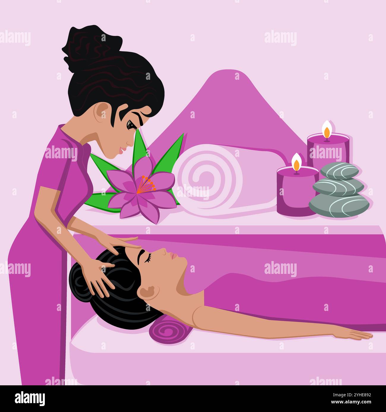 Massage relaxant. Thérapie et traitement par thérapeute professionnel en SPA. Illustration vectorielle plate isolée. Ethnie indienne. Illustration de Vecteur