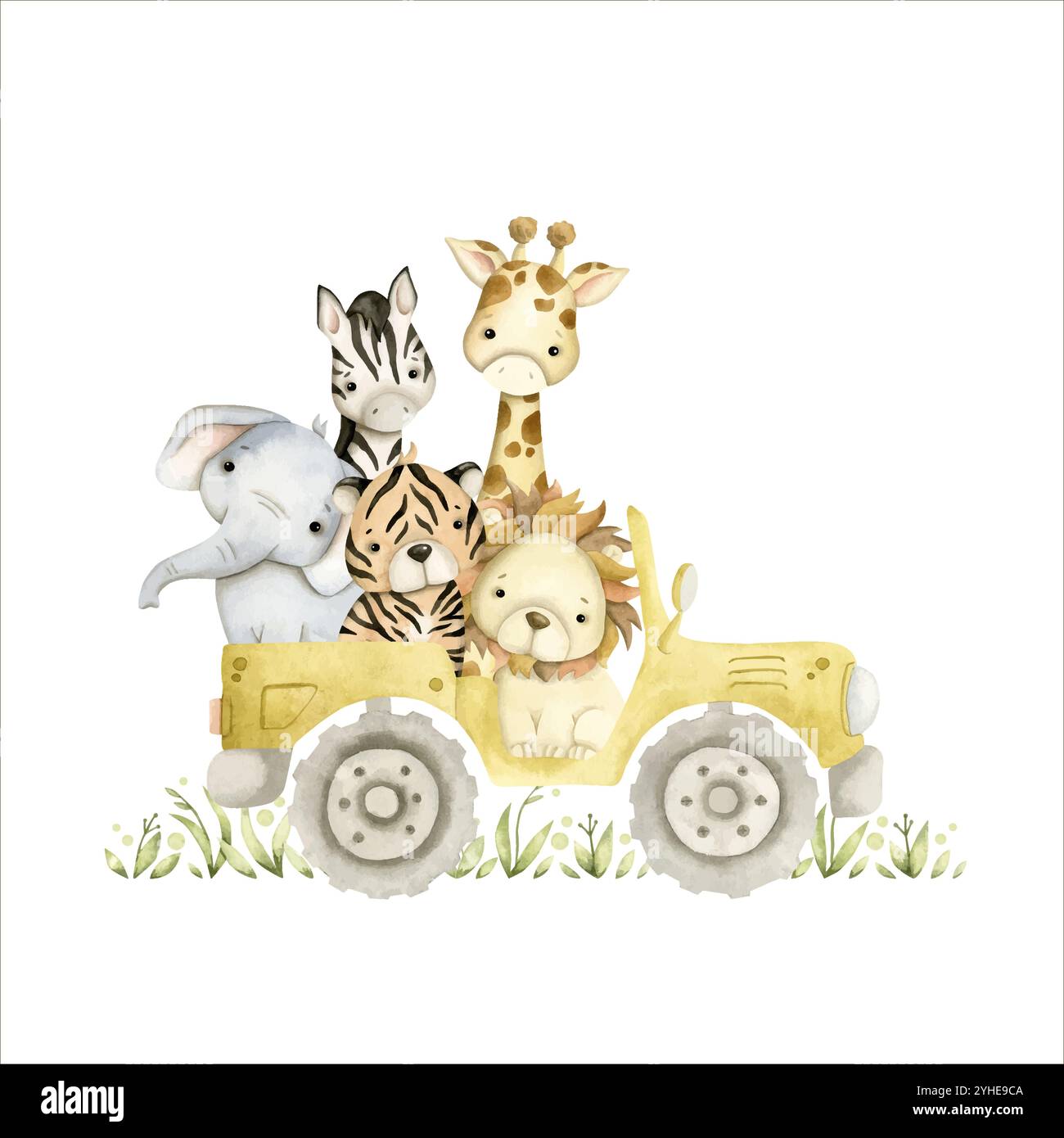 Safari aquarelle illustration dessinée à la main avec bébé éléphant, lion, tigre, zèbre, girafe sur voiture de ramassage safari pour les enfants Illustration de Vecteur